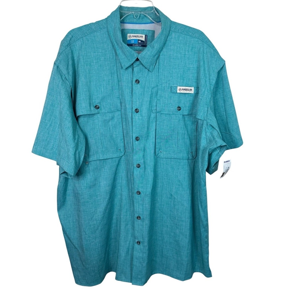 Magellan Outdoor Fishing Shirt Men 2XL Short Sleeve Green Teal Button Up NWT